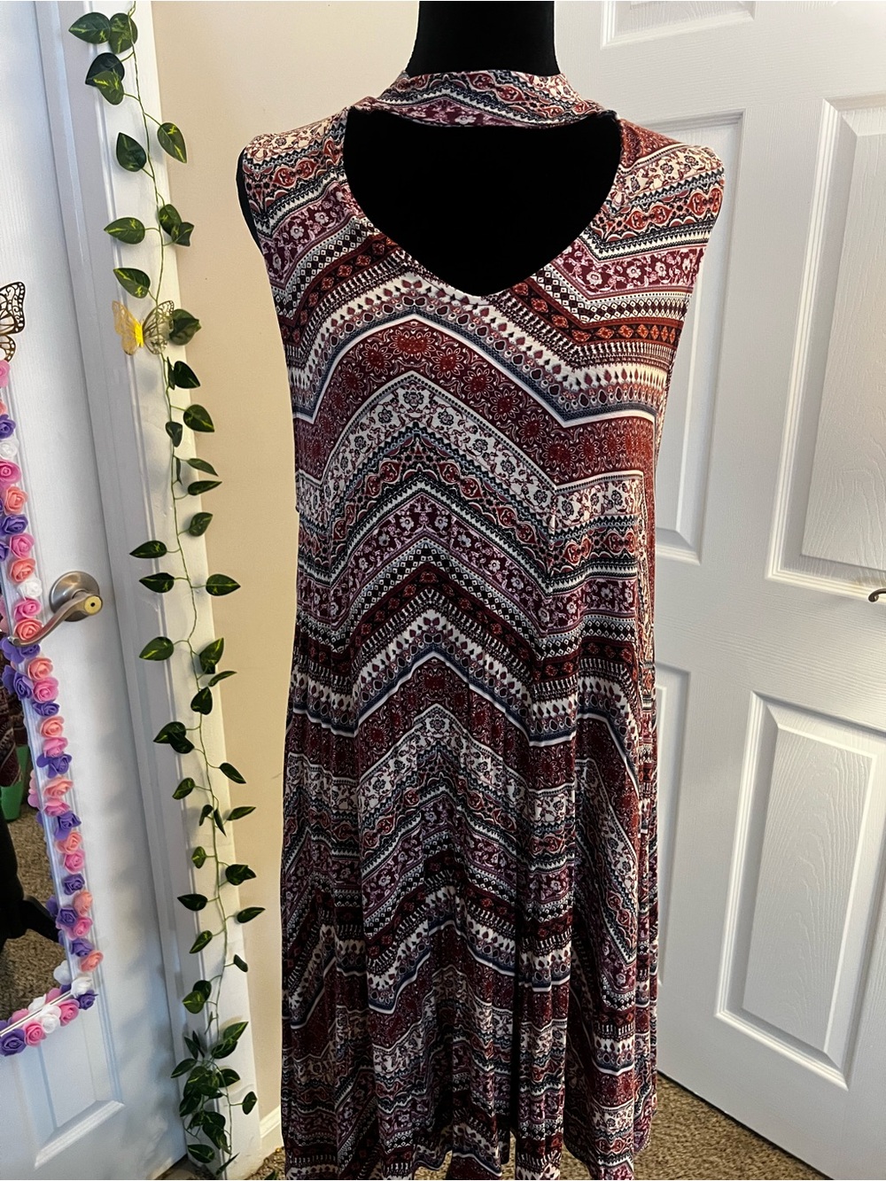 Rue21 One-Shoulder Chevron Print Dress in Burgundy and White